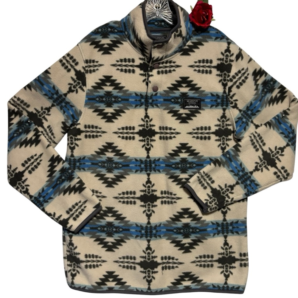 MASSIVE OUTDOOR Men's Aztec Fleece Snap Pullover Sweater Size Large Blue Gray
